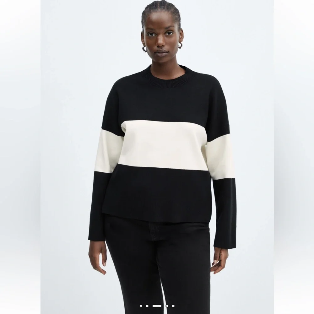 Mango Fine Knit Oversized Striped Black/White Sweater, Size 3XL - Picture 1 of 14